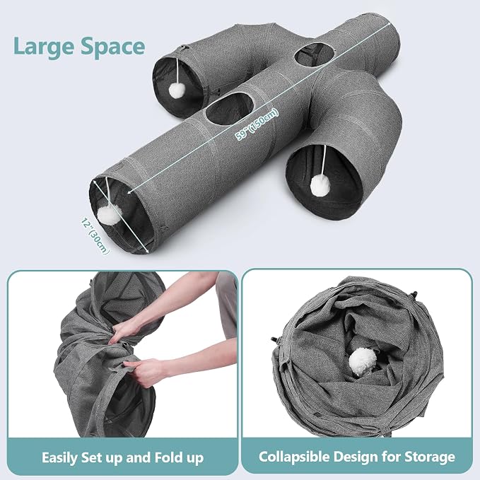 Ownpets Cactus Cat Tunnel 12" with Peek Holes for Indoor Large Cat, Grey | Durable Oxford fabric, noise-free, foldable & connectable, multi-cat friendly, tube for cats up to 20lb, includes ball & wand