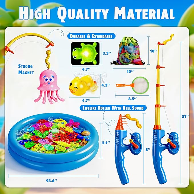 CozyBomB™ Magnetic Fishing Toys Game Set for Kids | Water Table Bathtub Kiddie Pool Party Pole Rod Net, Outdoor Plastic Floating Fish, Toddler Bath Color Ocean Sea Animals Birthday Gift Age 3-5 6 4-8