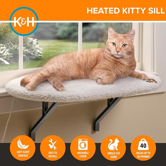K&H Pet Products Kitty Sill Heated Cat Window Perch for Large Cats, Orthopedic Window Hammock Bed Holds 40LBS, Washable Cover, Kitty Windowsill Bed Seat for Indoors - Cream Fleece, Heated, 14 X 24in