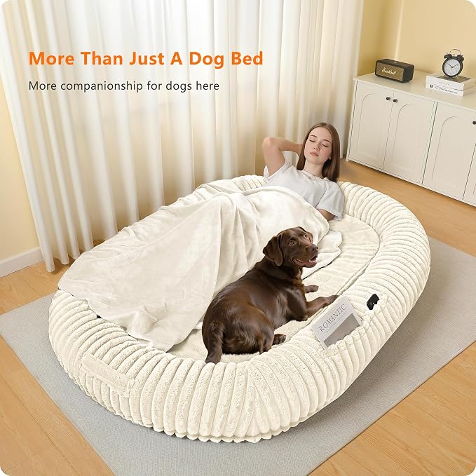 Human Dog Bed for Adult, Orthopedic Gel Memory Foam, 71"x47"x9" | Human Dog Bed Fits Adult & Pets, Reversible Egg-Crate Foam Cushion, Washable Pet Bed with Blanket, Beige
