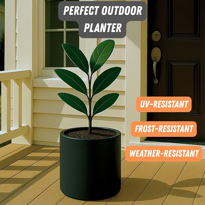 Fox & Fern Large Indoor Planter, Modern Large Plant Pot for Indoor or Outdoor, UV and Frost Resistant - 10 Inch, Matte Black Flower Pot with Drainage Plug, Lightweight