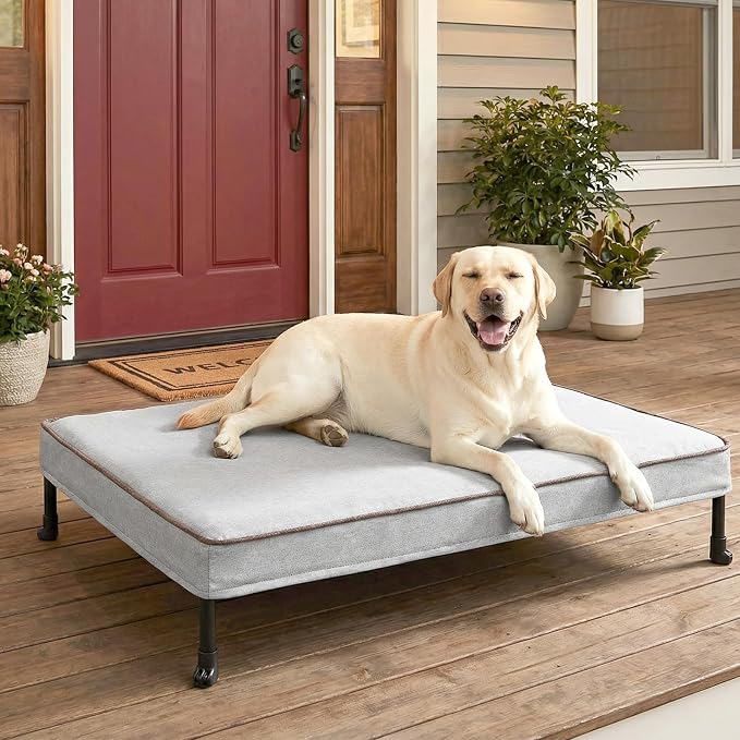 Veehoo Outdoor Elevated Dog Bed with Washable & Waterproof Cushion, Cooling | Large Raised Dog Cot with Removable Cover, Brethable Mesh, Orthopedic Pet Bed for Indoor & Outdoor, 42" x 30", Dark Grey