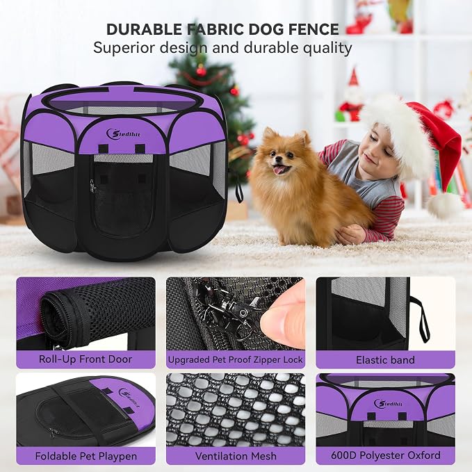 Siedihit Dog Playpen, Puppy Pet Playpen, Dog Crate Tent Cage Indoor | Outdoor, Portable Pop Up Dogs Kennel Playpen with Carrying Case for Dogs/Cats/Rabbits, Purple, Medium