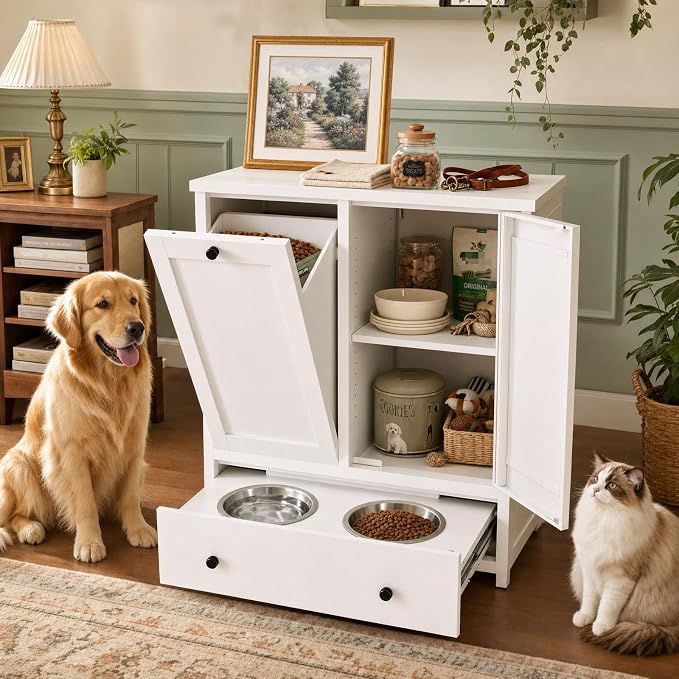 Dog Feeding Station Cabinet with Storage, Metal Pet Feeding Station with Storage, Tilt-Out Dog Food Storage Cabinet with 2 Stainless Steel Bowls, Hidden Feeding Station for Dogs & Cats, White