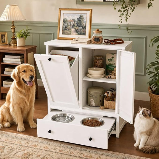 Dog Feeding Station Cabinet with Storage, Metal Pet Feeding Station with Storage, Tilt-Out Dog Food Storage Cabinet with 2 Stainless Steel Bowls, Hidden Feeding Station for Dogs & Cats, White