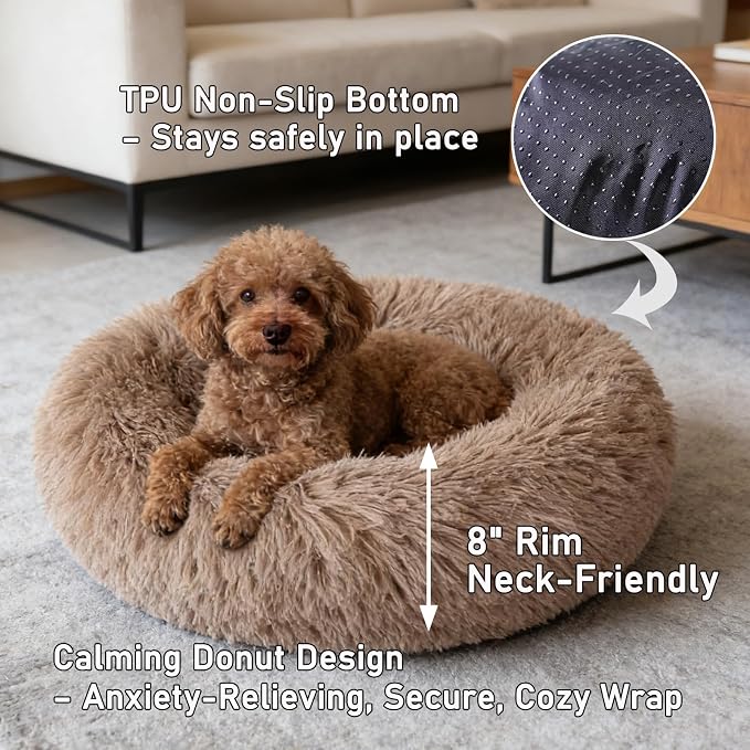 Calming Donut Dog Beds Large Sized Dog - Washable Removable Cover Non-Slip, Round Pet Bed Warming Fluffy Plush Faux Fur Anti-Anxiety Thick Cushion, Fits up to 80 lbs (Camel, 36")