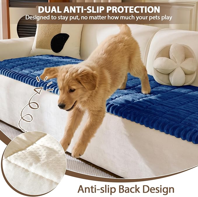 FUANGUI 2 Pack Waterproof Couch Cover for Dogs Pets Sofa Protector | Non-Slip Washable Fuzzy Soft Sofa Slipcover for 2 PCS L Shaped Sofa Pet Friendly, 27.6" x 70.9"+27.6" x 82.7", Navy Blue