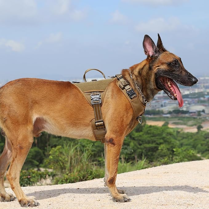 ICEFANG Quick-Moving Tactical Dog Harness for Large Dogs,No Pull Dog Vest | Control Handle,Reflective,Full Metal Buckles,Adjustable,Hook-and-Loop Panel,Soft Padded,Brown,Large