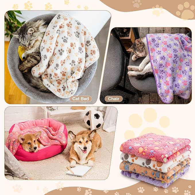 Tatuo 4 Pack Fleece Dog Blankets for Puppy Cats Multi-Size Sleep Mat for Pet Guinea Pig Soft Washable Warm Crate Bed Puppy Teething Toys Print Pattern Blanket Indoor(Mixed Color,Diameter 29 Inch,Paw)