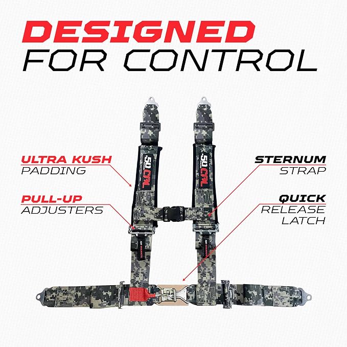 1pc 50 Cal Camo 4 Point Harness 2 inch straps, Racing Harness Seat Belt | Ultra Kush padding, Push Button quick release hardware. Universal Fit for UTV, RZR, race car