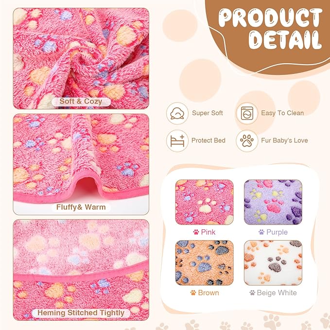 Tatuo 4 Pack Fleece Dog Blankets for Puppy Cats Multi-Size Sleep Mat for Pet Guinea Pig Soft Washable Warm Crate Bed Puppy Teething Toys Print Pattern Blanket Indoor(Mixed Color,Diameter 29 Inch,Paw)