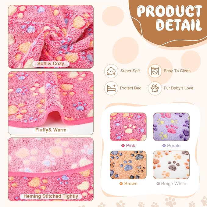 Tatuo 4 Pack Fleece Dog Blankets for Puppy Cats Multi-Size Sleep Mat for Pet Guinea Pig Soft Washable Warm Crate Bed Puppy Teething Toys Print Pattern Blanket Indoor(Mixed Color,24 x 16 Inch,Paw)