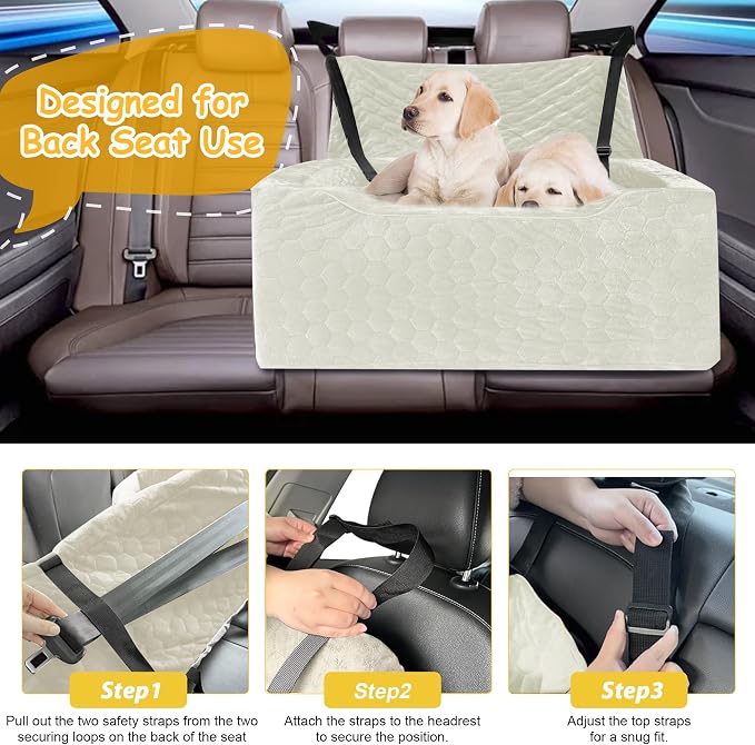 Dog Car Seat for Medium/Large Dog Booster Seat Under 60 lbs or 2 Small Dogs, Multi-Functional Pet Car Seat with Thick Cushion, 2 Safety Leashes (White)