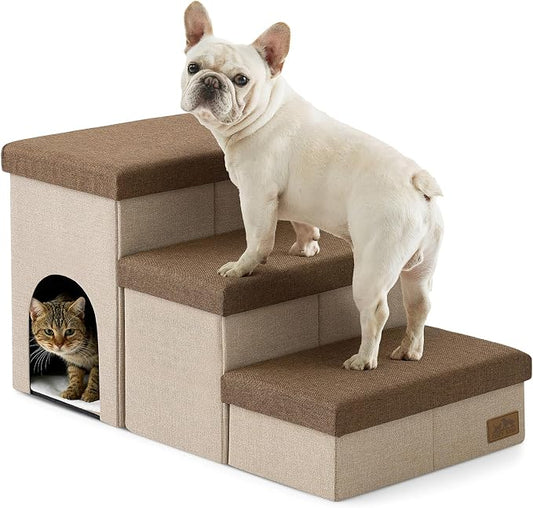 Dog Stairs with Storage, 3-Step Wider Sturdy Dog Steps for Small/Medium/Large Dogs and Older Cats, Doggie Ramp with Condo for Bed/Couch/Car Hold Up to 180 lbs (17.7" H, Brown)
