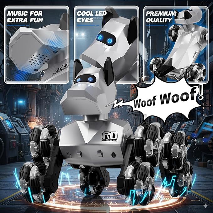 NQD® Robot Dog Toy, 360°Rotate Remote Control Robot Dog with Dancing & Sound FX, Remote Control Cars RC Stunt Robotic Dogs with LED Eyes, Electronic Pet Toys Gifts for Boys Kids Age 3-5 6-7 8-12