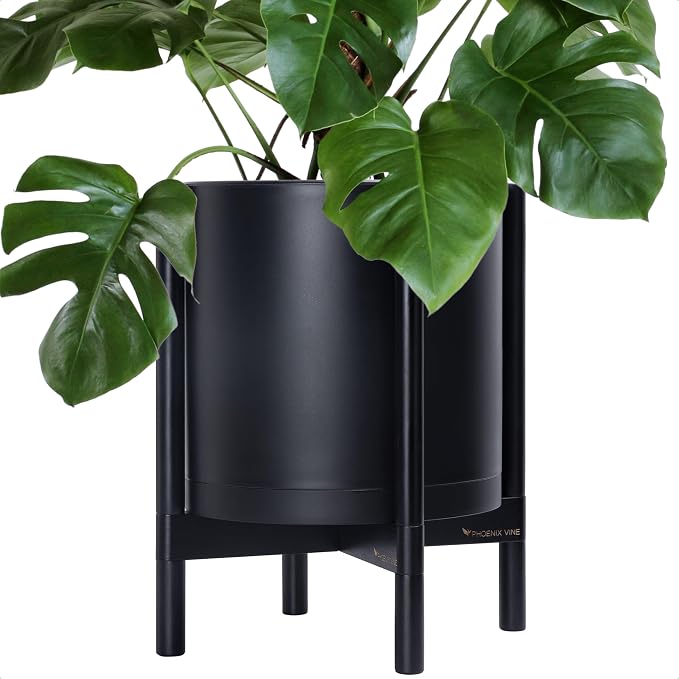D'vine Dev Plastic Pot with Ebony Wood Stand, Black, 14 in, 55-C-T-2 | Mid-Century Inspired Design, Elevated Plant Display, Clean Lines, Sturdy Support, Modern Space-Saving Style