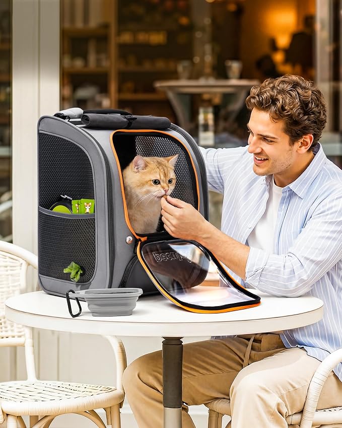 Pecute Cat Backpack Carrier,Large Space Cat Bubble Backpack,Ergonomic,Gray | Upgraded Transparent Window Offers Greater Transparency,More Wear-Resistant,Sunshade curtain,Folding bowl,Ventilated