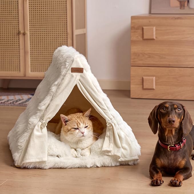 FUKUMARU Cat Cave Bed, Sturdy Frame Washable Cat Tent Bed with Curtain | Semi-Enclosed Cat Hideaway for Anxious Cats, Large Cozy Cat House for Indoor Cats, Soft Plush Covered Dog Bed, Cream