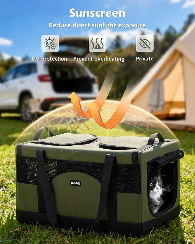 Pecute Cat Carrier, Soft Double Pet Crate for 2 Cats Travel, Green | 5mm Anti-collapse Frame, Convertible Dual Space, Foldable, Polyester Breathable mesh, Up to 26 lbs, Car Travel & Vet Visits