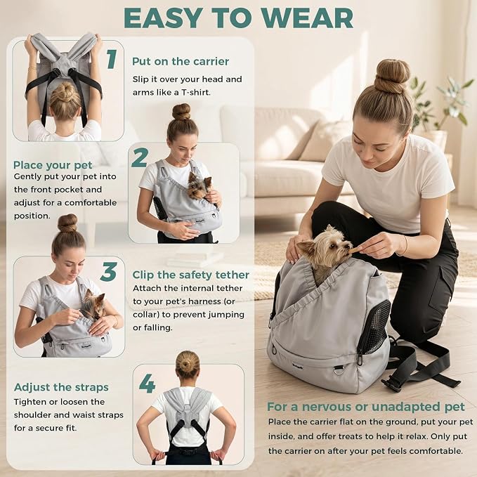 Small Dog Sling Carrier, Hands-Free, Gray, 4-13Lbs | Adjustable Bottom Support Front Backpack with Storage Pocket, Anti-Anxiety Breathable Side Mesh, Reduces Back & Neck Pain