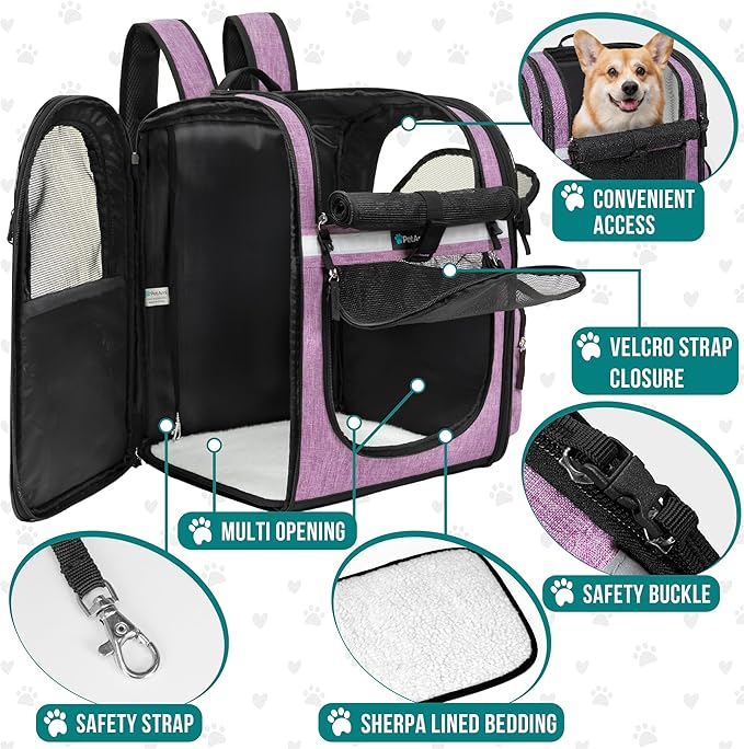 PetAmi Dog Backpack Carrier, 4-Way Entry Ventilated, 18 lbs, Purple | Sherpa Bed Included, Foldable Load-In Top, Safety Reflective Strap, Breathable Mesh, Poop Bag Dispenser, Padded Back Support