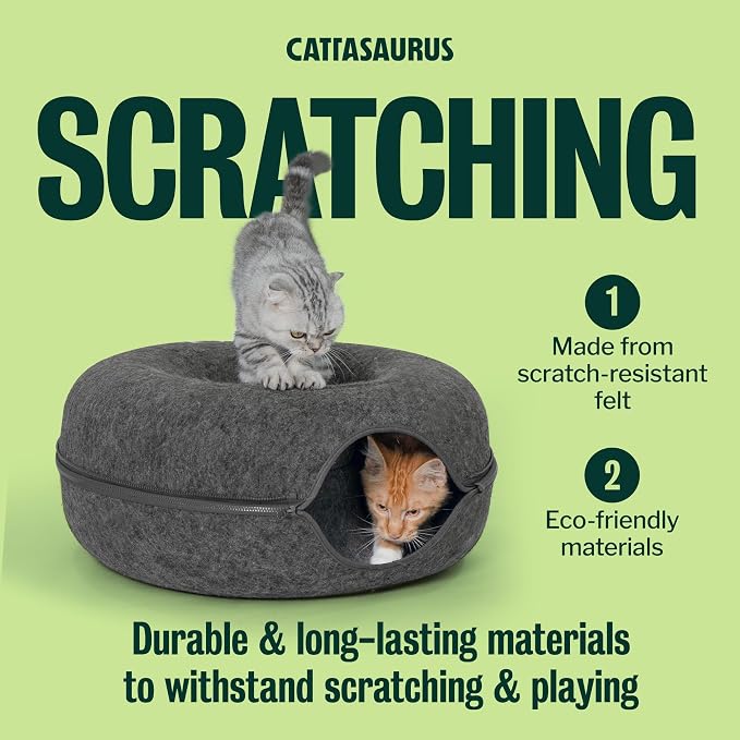 Peekaboo Cat Cave Donut for Multiple & Large Cats up to 30-45 lbs, 3-in-1 Self Warming Cat Bed, Tunnel & Scratcher for Indoor Cats, Washable & Detachable (Dark Gray + Dark Gray, Large)