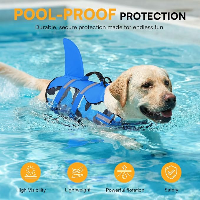Dog Life Jacket Ripstop Dog Shark Safety Vest Adjustable Preserver with High Buoyancy and Durable Rescue Handle for Small,Medium,Large Dogs, Blue Camouflage X-Large
