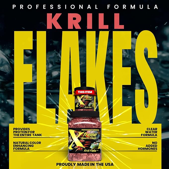 Xtreme Krill Flakes - Premium Max Protein Freshwater Fish Food with 100% Krill and Shrimp, & Vitamins for Optimal Immune and Digestive Health, Boosts Color & Energy – USA Farm Grown (1oz)