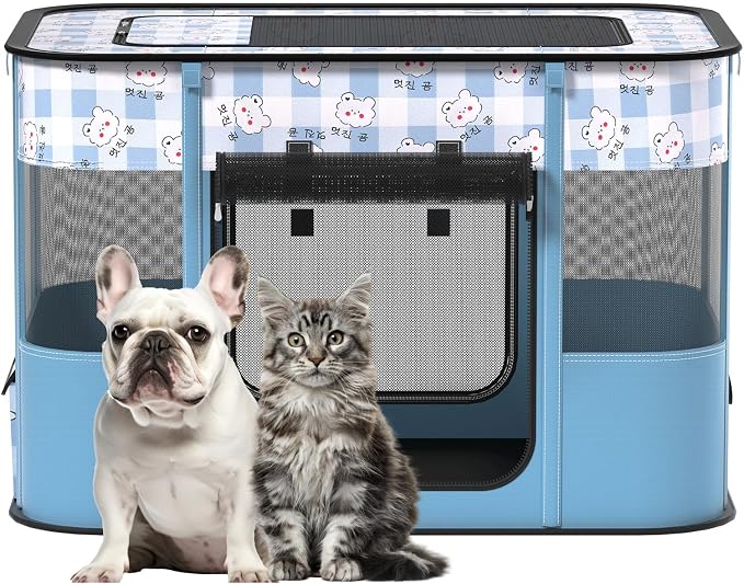 XRG Foldable Pet Playpen,Indoor Cat cage Puppy Crates L(35.4"x27.6"x23.6") | Portable Cat Kennel with Upgrade Breathable Mesh，Sturdy Kitten Playpen Indoor & Outdoor for Rabbit or Small Animals，Blue