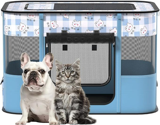 XRG Foldable Pet Playpen,Indoor Cat cage Puppy Crates L(35.4"x27.6"x23.6") | Portable Cat Kennel with Upgrade Breathable Mesh，Sturdy Kitten Playpen Indoor & Outdoor for Rabbit or Small Animals，Blue