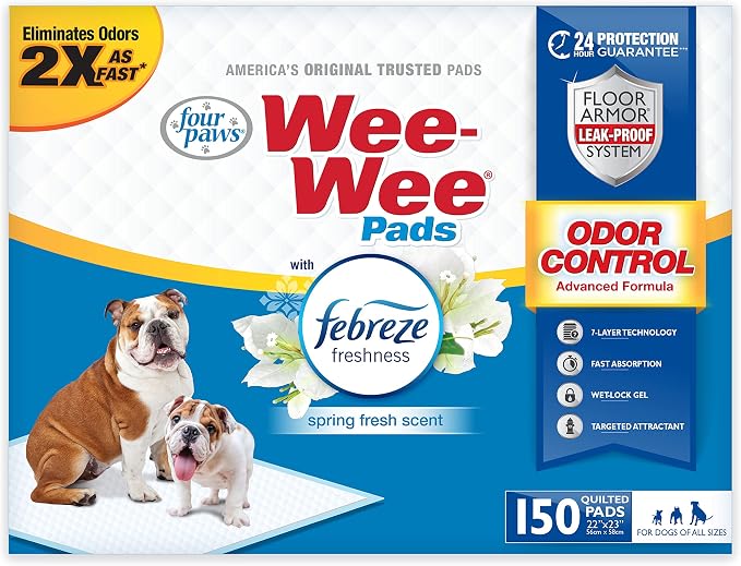 Four Paws Wee-Wee Odor Control Dog Pee Pads with Febreze Freshness | 150 count, spring fresh scent, neutralizes ammonia odors, pee pads for dogs & puppies, dog housebreaking, 22" x 23"