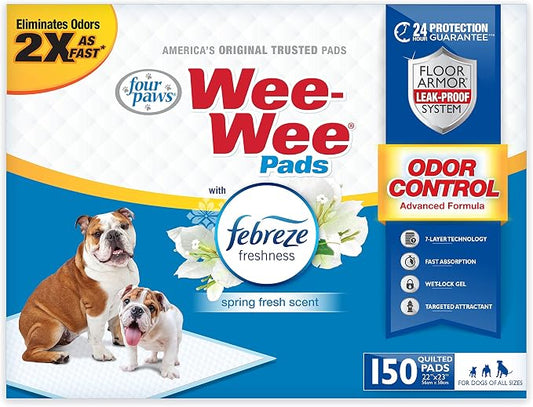 Four Paws Wee-Wee Odor Control Dog Pee Pads with Febreze Freshness | 150 count, spring fresh scent, neutralizes ammonia odors, pee pads for dogs & puppies, dog housebreaking, 22" x 23"