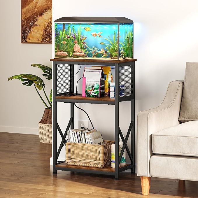 Snughome 10 Gallon Fish Tank Stand with Power Outlets, Aquarium Stand with Storage, 3 Tier Heavy Metal Reptile Tank Stand Fish Tank Shelf 20.47" x 11.42" x 30.91", Rustic Brown