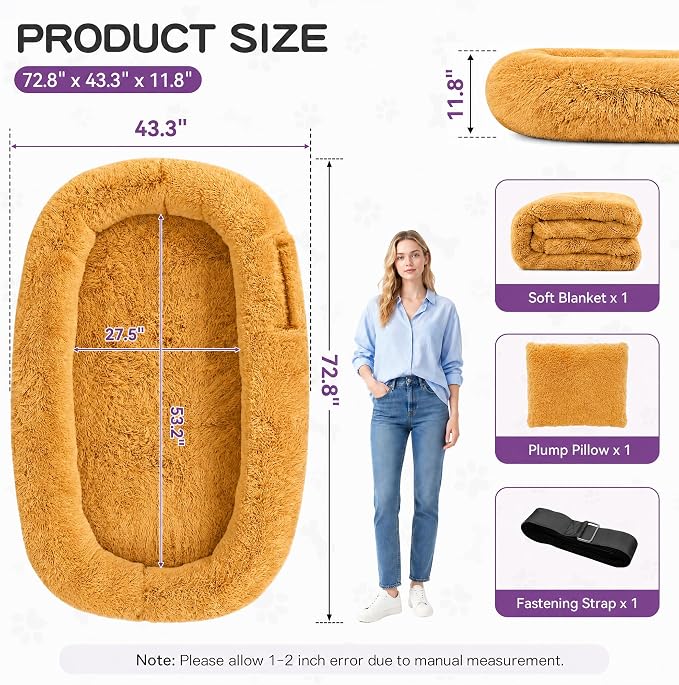 Human Dog Bed, Oversized Plush Lounger Bed with Plump Pillow and Blanket | 71" x 45" x 12" Long Plush Polyester Floor Nest for Relaxing, Napping, Reading, and Family Cuddle Time - Pumpkin Orange