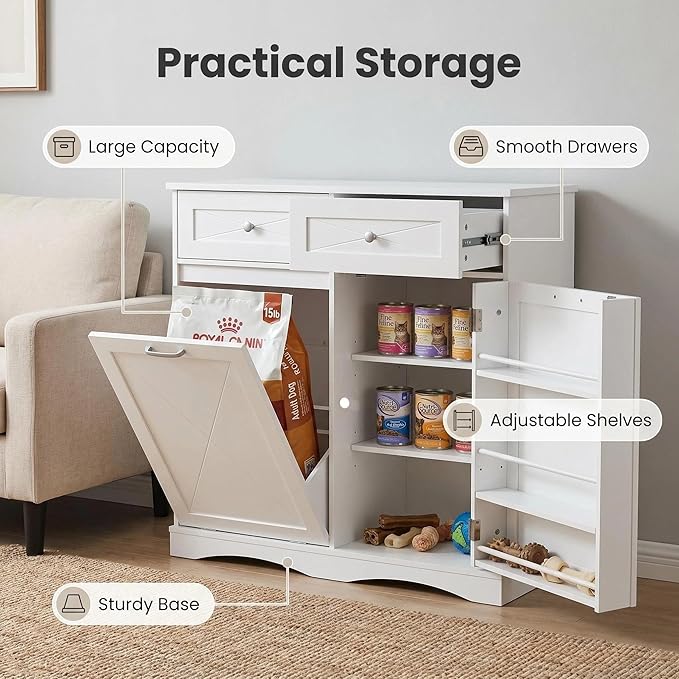 kepptory 37" High Dog Feeding Station with Storage Drawer, Pet Organizers and Storage Adjustable Shelf, Dog Feeder Station, Pet Storage Cabinet for Cats and Dogs (White)