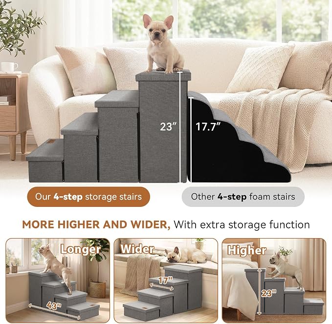 Zerbuger Dog Stairs with Storage, Grey 4 Steps Dog Ramp no Condo for Bed | 23" H Wider Dog Steps for High Beds Couch, Folding Storage Pet Stairs Gift for Climbing Small/Medium/Large Old Dogs Cats