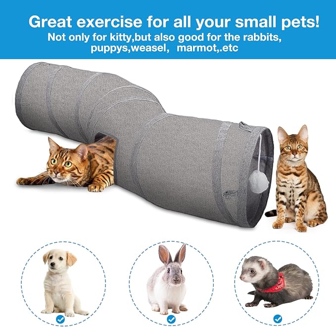 Ownpets S-Shape Cat Tunnel Toy 48"L x 10"D, for Cats, Puppies & Small Pets | Collapsible for storage, tear-resistant oxford fabric, connects to other tunnel, with peek hole, feather wand, indoor/outdoor