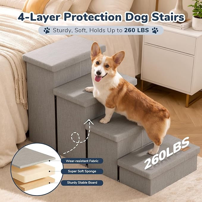 4-Step Wide Dog Stairs with Storage 23" H, Non-Slip Sturdy Pet Steps for High Bed Couch Window, Pet Stairs for Small/Medium/Large Old Dogs Cats Up to 220lbs, Cat Dog Steps for Car, Light Grey