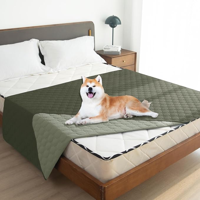 gogobunny Waterproof Dog Blankets for Large Dogs, Pet Bed Cover Breathable | Washable Pee Pads, Quilted Throw Blanket, Furniture Protector for Couch Sofa Bed Car, 82x82 Inch Dark/Light Olive