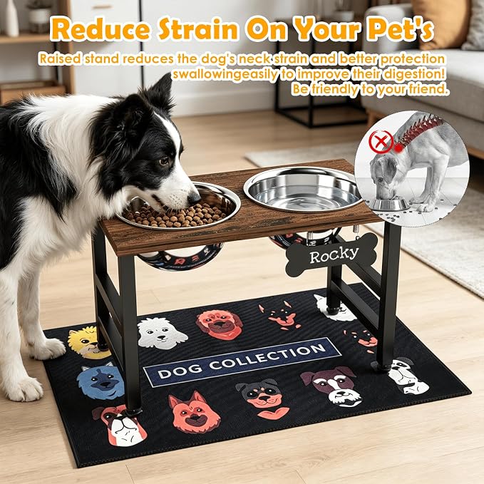 10" Tall Elevated Dog Bowls, Wooden & Metal Raised Dog Bowl Stand with 2 Stainless Steel Bowls-1700ml Capacity & Non-Slip Mat, Easy-Clean for Indoor/Outdoor Use