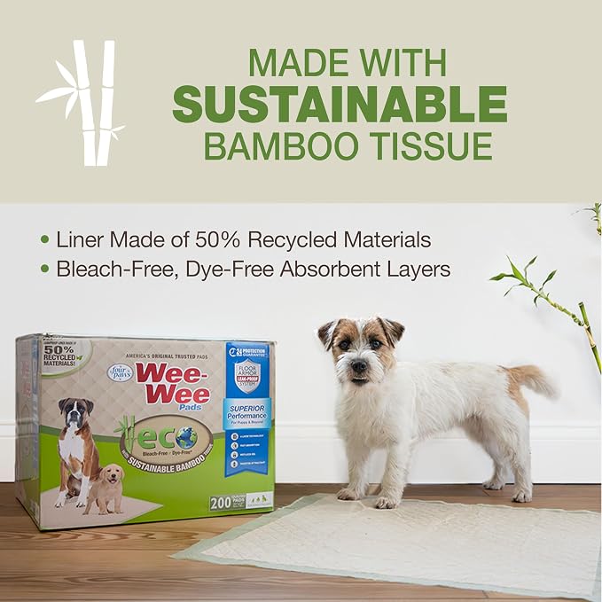 Four Paws Wee-Wee Superior Performance Eco Bamboo Dog Pee Pads, 50 Count | Earth friendly, bleach-free, dye-free, dog & puppy potty training pads, leak-proof, 24-hour protection pee pads, 22" x 23"