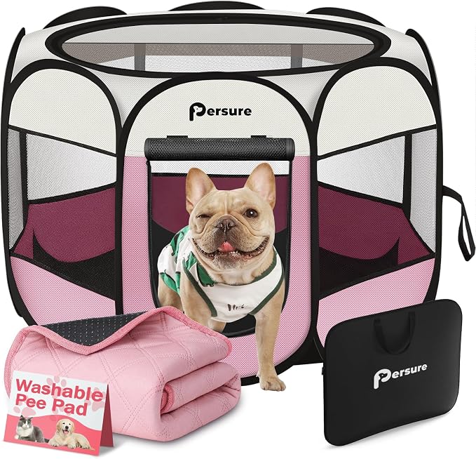 Persure Dog Cat Pet Playpen Puppy Crate Cage for Indoor Outdoor Travel | Nursing Rest Zone Recovering Pet Quarantine Room Portable Pop Up Easy to Set up lightweight Bag (Pink with Pad, Medium)