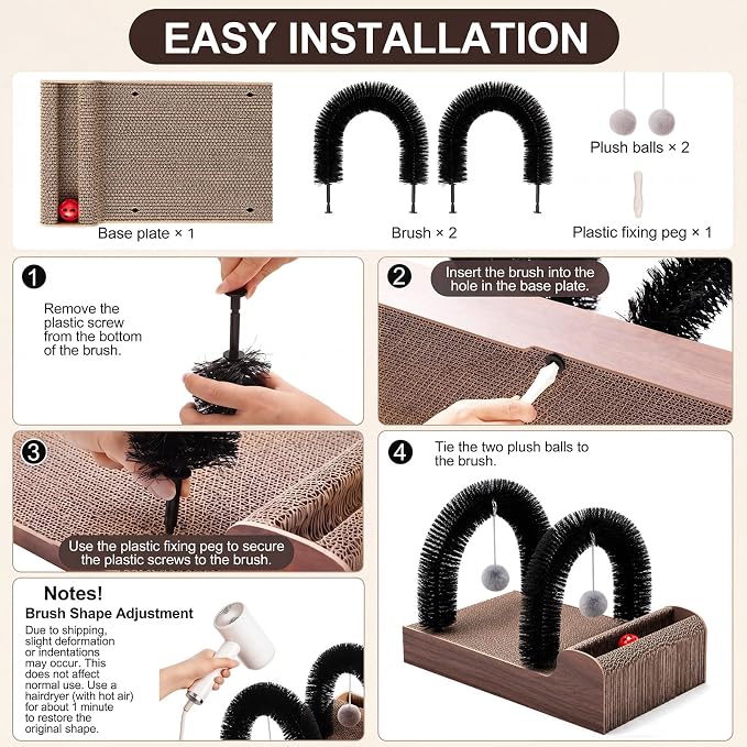 Sadnyy Cat Self Groomer with 2 Arch Grooming Brushes and Scratcher Pad, for Cat Back and Face Scratcher Massager with 2 Plush Balls, Pet Rubbing Post for Indoor Outdoor Kitten Small Dog