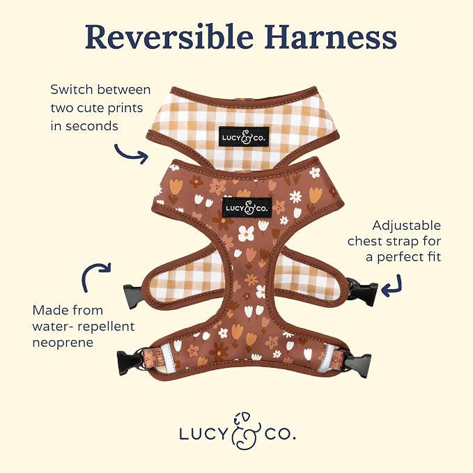 Lucy & Co. Reversible Dog Harness - Water-Repellent Neoprene, Dual-Print Design, Easy Swap Style, Adjustable Comfort Fit - Chocolate Meadows Reversible Harness - X-Large
