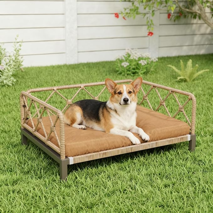 Elevated Indoor & Outdoor Dog Bed for Small Dogs, Durable Rattan Wicker Pet Sofa with Removable Washable Waterproof Cushion, Stylish Dog Couch, Brown