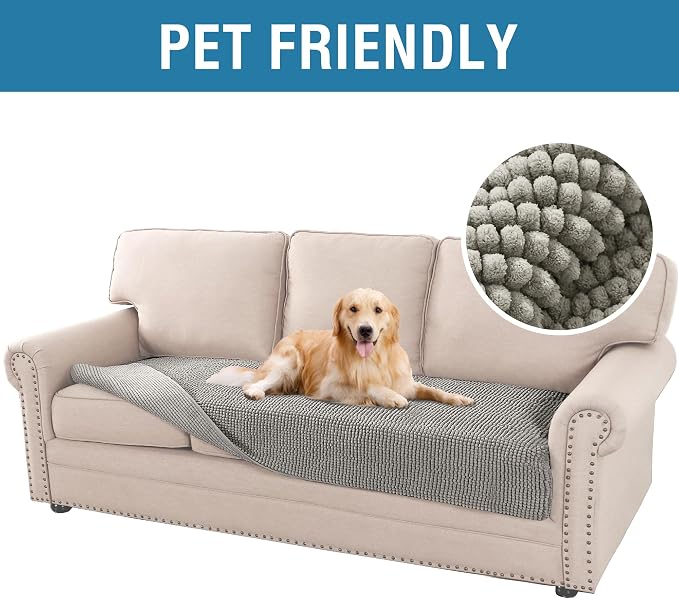 H.VERSAILTEX Plush Chenille Dog Bed Cover Thick Soft Sofa Cover for 3 Cushion Couch Anti Slip Couch Cover Furniture Protector for Dog, Pet, Cat (35" x 82", Dove)