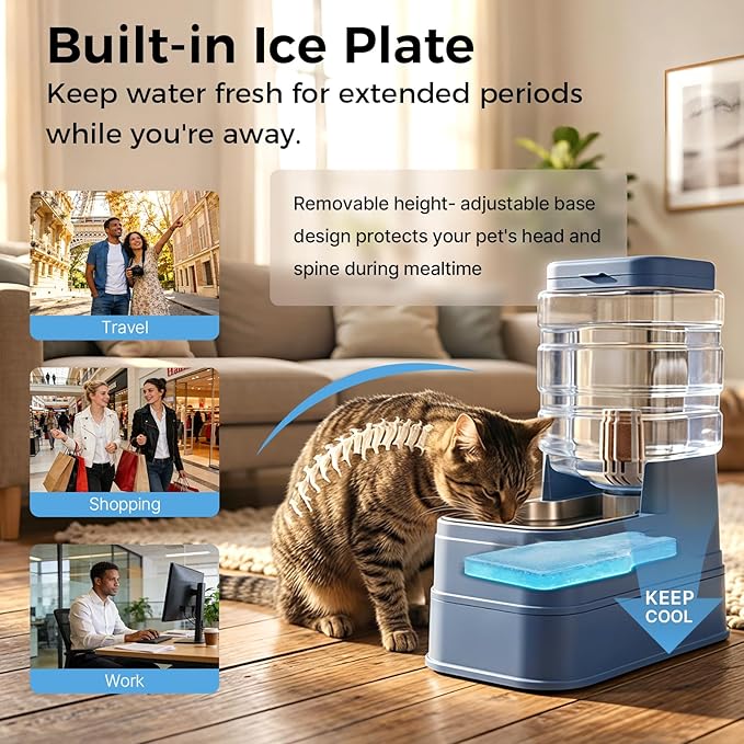 Automatic Cat Feeder and Water Dispenser with Stainless Steel Bowl with Ice Pack Gravity Food Feeder and Waterer Set Feeding Raised Bowls with Filter for Dog 1.3 Gallon x 2(Blue)