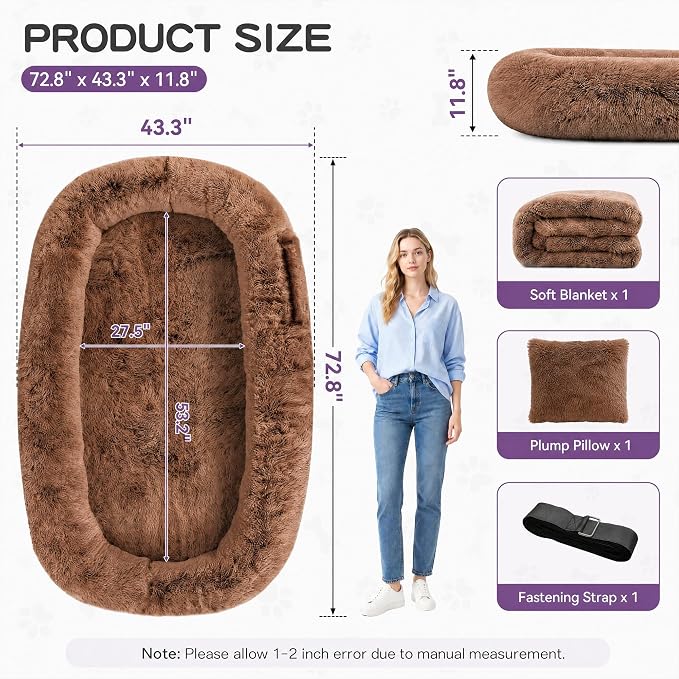 Human Dog Bed - Extra Large Dog Bed for Humans 71''x45''x12'' | Giant Cuddle Pillow Pet Lounger, Super Soft Plush Orthopedic Floor Cushion for Adults, Kids, Pets - Washable Cover, Khaki.