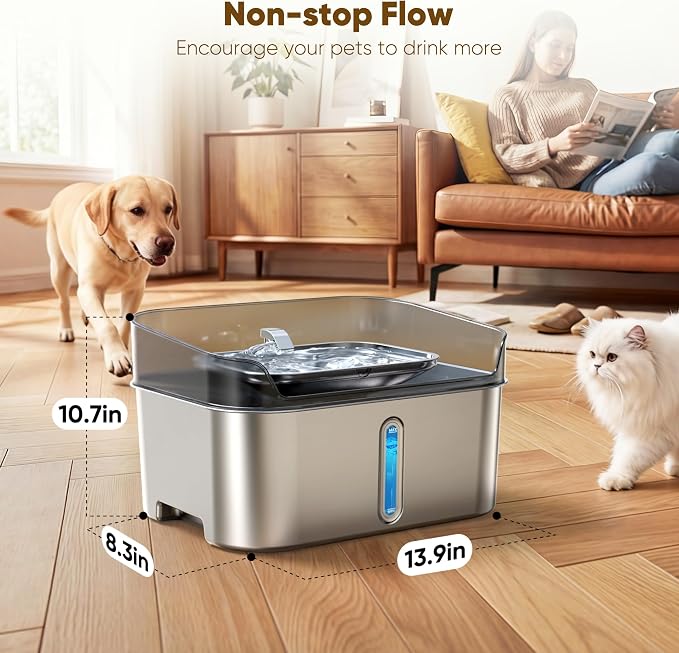 Large Stainless Steel Dog Water Fountain no Spill, 2.1Gal/8L with 8 Filters | Automatic Dog Water Bowl Dispenser, Super Quiet Cat Fountain, Dog Bowl to Drinkg Inside, Gifts for Pets