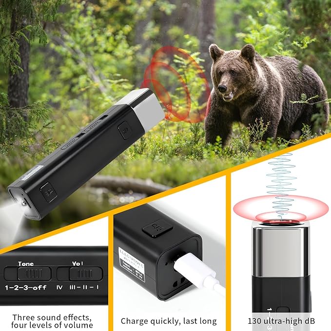 130dB Electronic Bear Deterrent Air Horn Rechargeable, 3 Tone High Volume Bear Deterrent Device Handheld with LED Flashlight Lanyard for Hiking Camping Emergency Outdoor Survival (Black)